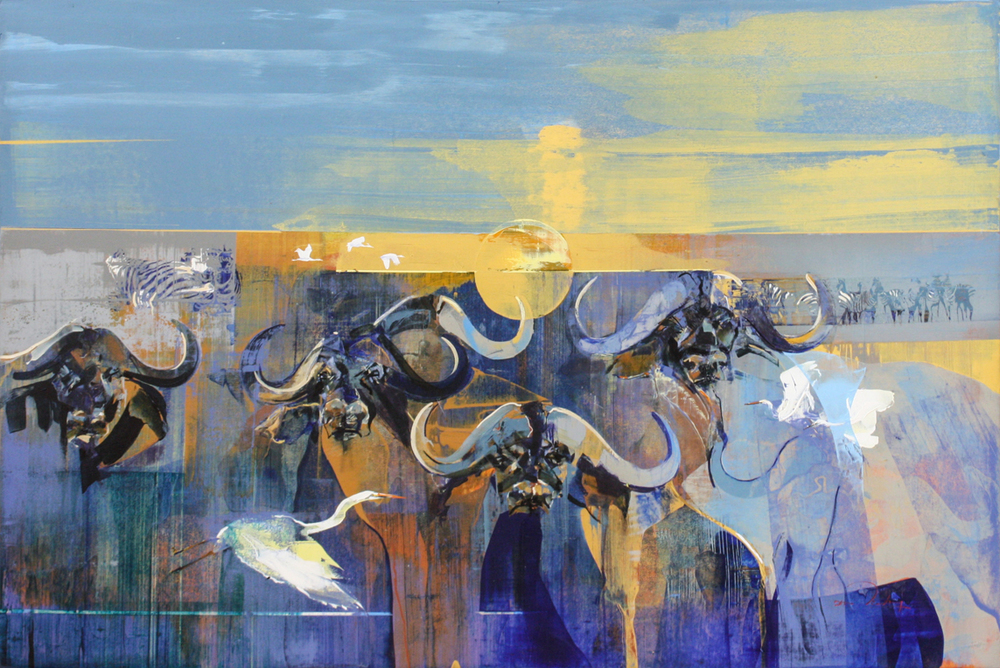 Derric van Rensburg - GUARDIANS AT DUSK - ACRYLIC ON CANVAS - 42 1/4 X 62 1/4