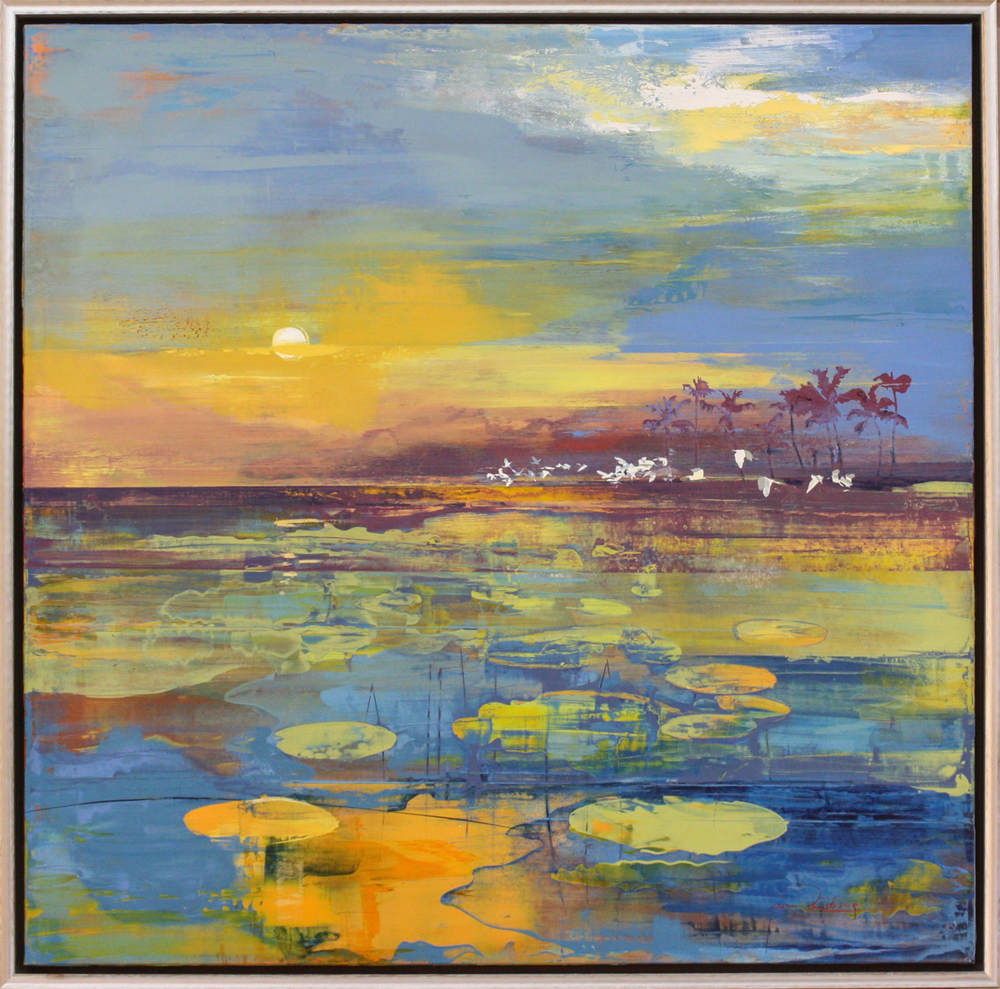 Derric van Rensburg - EGRETS AND LILYPADS - ACRYLIC ON CANVAS - 51 X 51