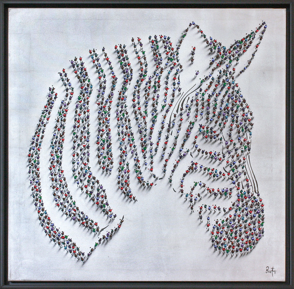 Francisco Bartus - ZEBRA - SILVER - MIXED MEDIA ON SILVER LEAF PAINTED CANVAS - 40 X 40