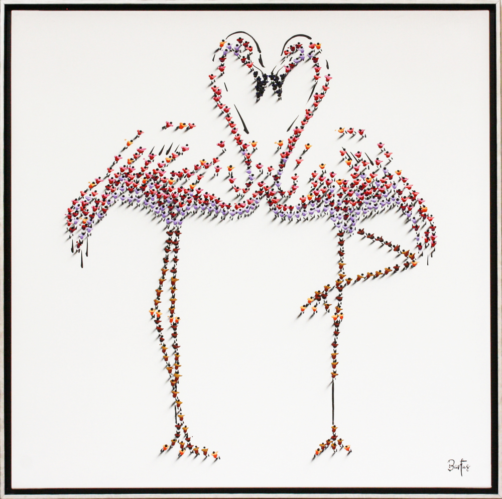 Francisco Bartus - FLAMINGO PAIR - MIXED MEDIA ON CANVAS - 40 X 40