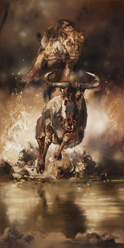 James Stroud - THE PURSUIT - OIL ON PANEL - 48 X 24