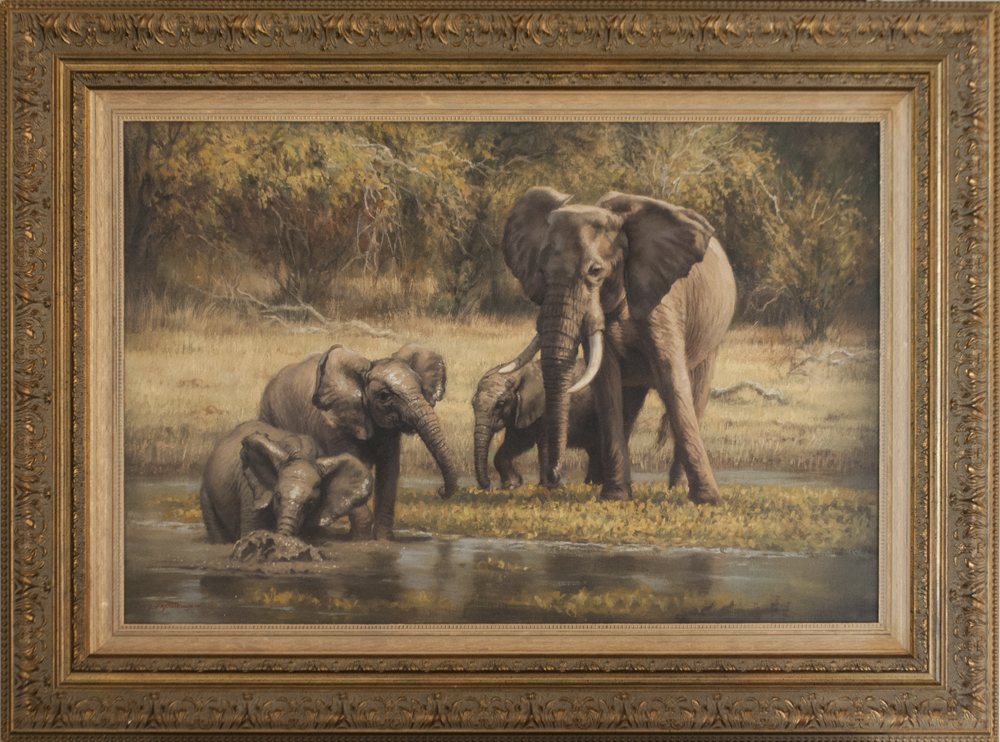 Jaco van Schalkwyk - ELEPHANTS BATHING-LAKE KARIBA - OIL - 20 X 30