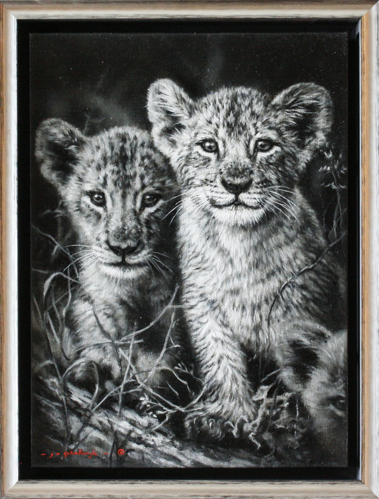 Jaco van Schalkwyk - LION CUBS: MOTHER'S PRIDE - OIL ON BELGIAN LINEN - 18 3/4 X 13 5/8