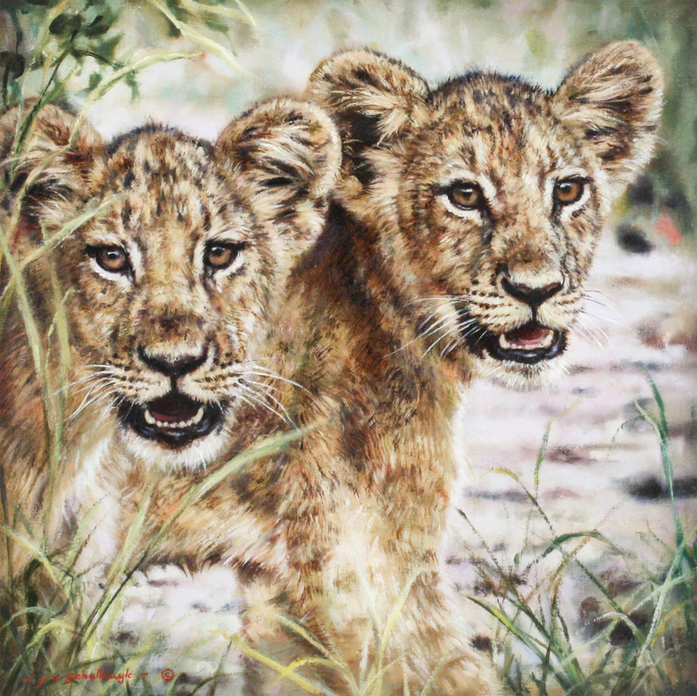 Jaco van Schalkwyk - PARTNERS IN CRIME - OIL ON BELGIAN LINEN - 17 3/4 X 17 3/4