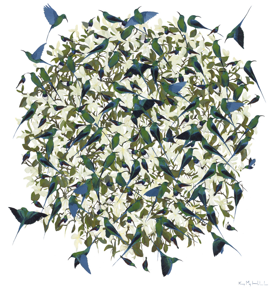 Kirsty May Hall - MALACHITE SUNBIRDS & BUTTERFLY FLOWERS - GICLEE - 59 X 55