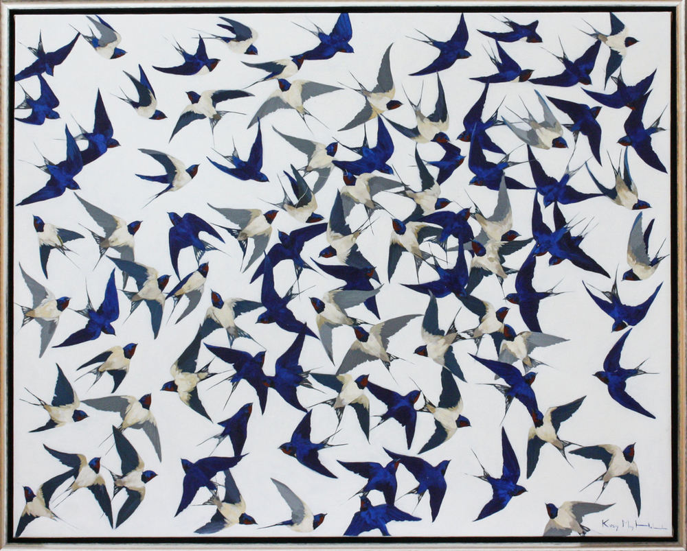 Kirsty May Hall - BARN SWALLOWS ARRIVING - ACRYLIC ON  CANVAS - 47 X 58 1/2