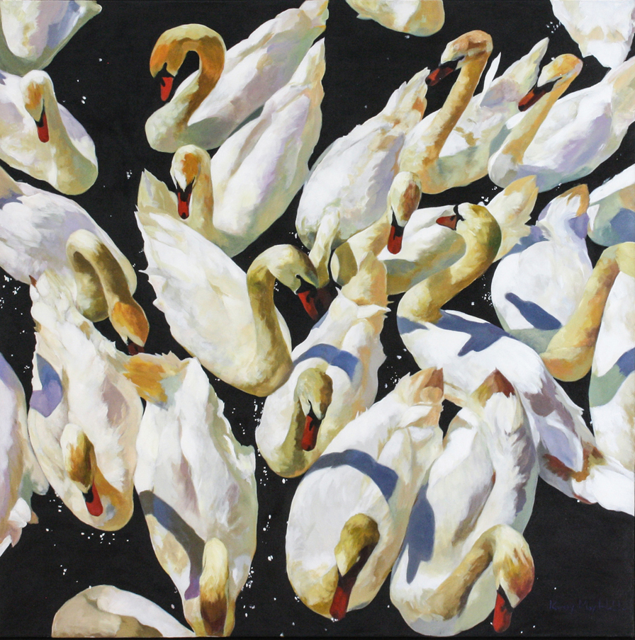 Kirsty May Hall - SWAN FAMILY IN LATE SUMMER - ACRYLIC ON  CANVAS - 40 X 39 3/4