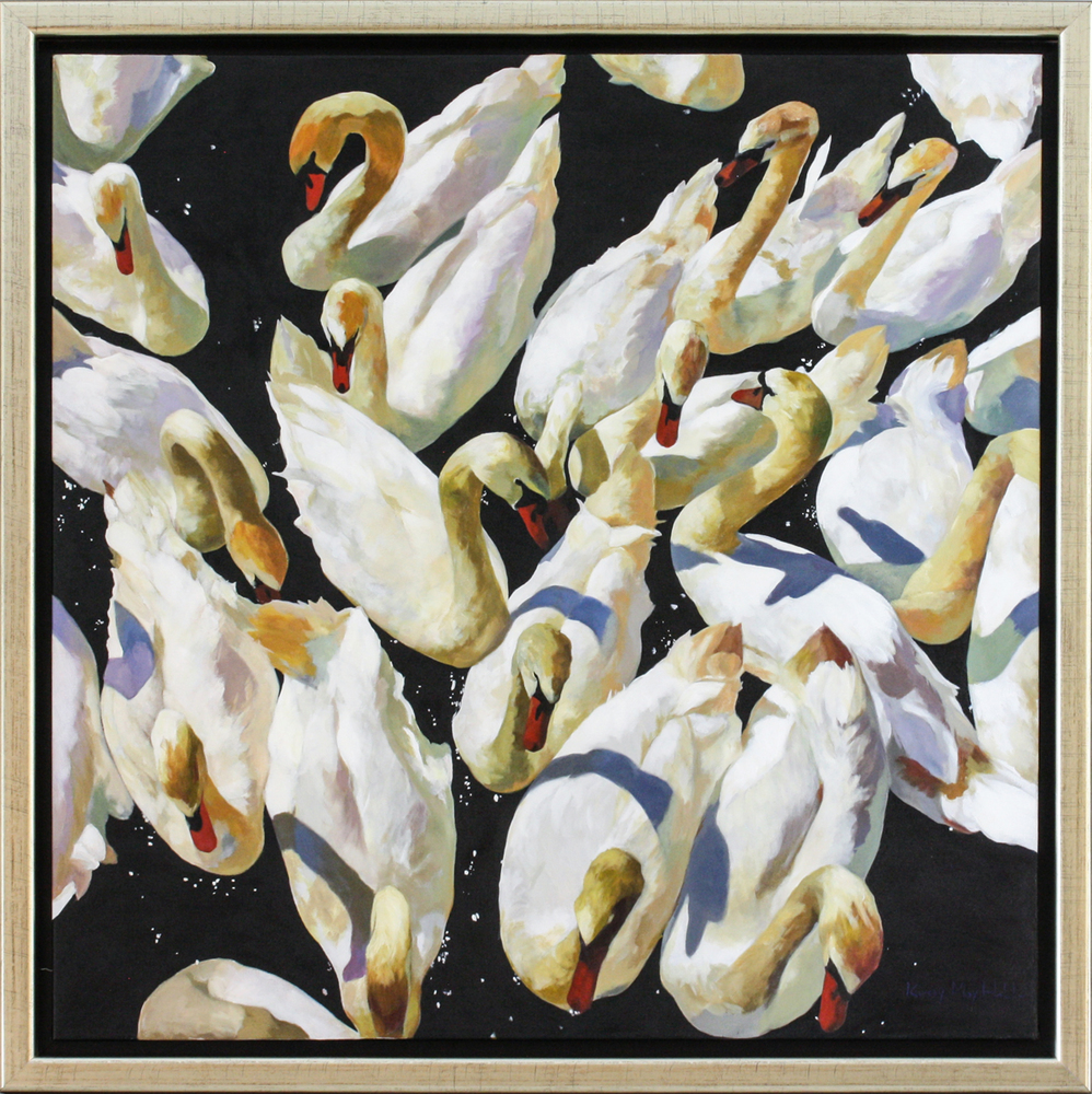 Kirsty May Hall - SWAN FAMILY IN LATE SUMMER - ACRYLIC ON  CANVAS - 40 X 39 3/4