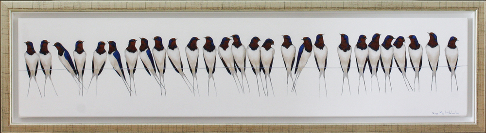 Kirsty May Hall - BARN SWALLOWS ON A WIRE - ACRYLIC ON  CANVAS - 13 X 59