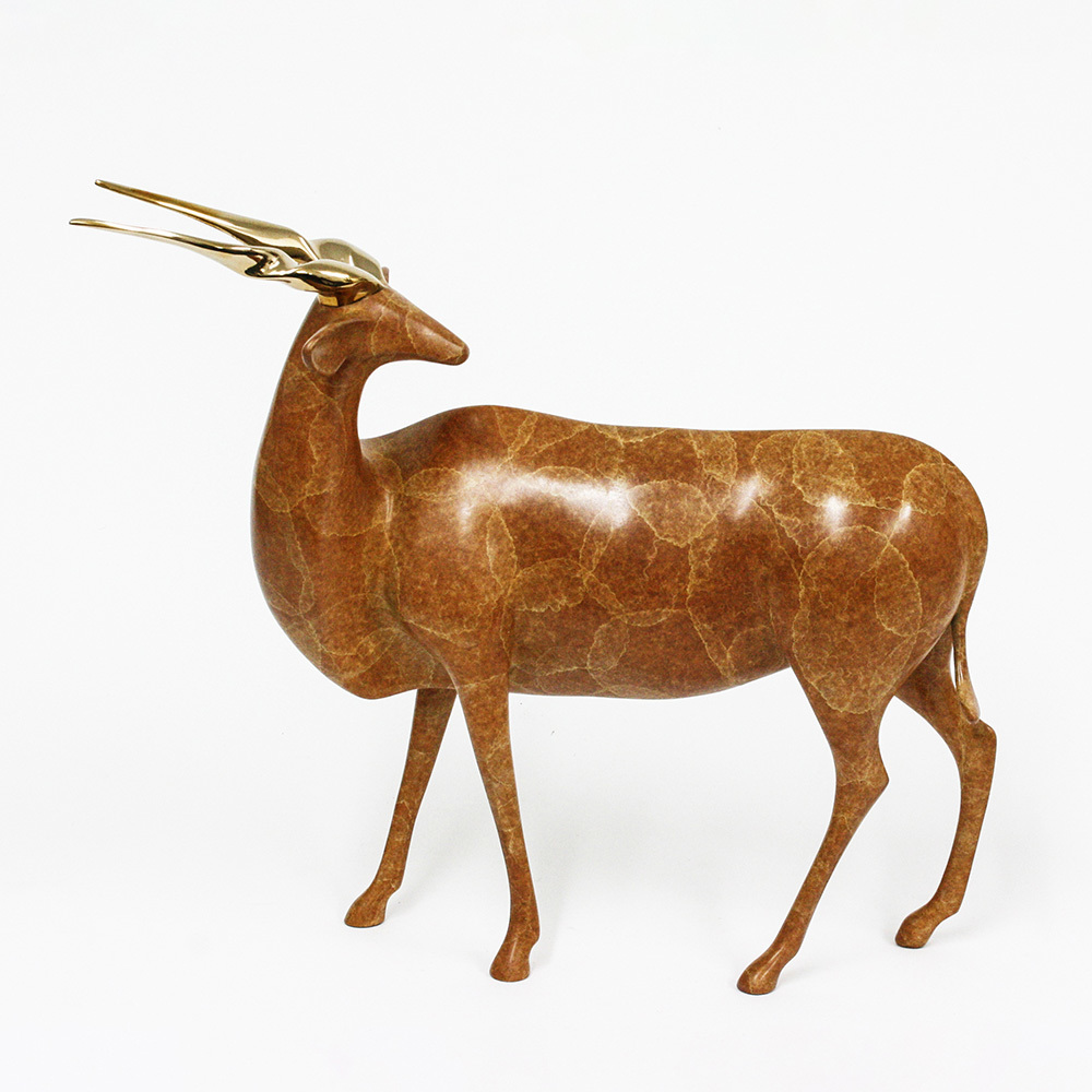 Loet Vanderveen - ELAND (128) - BRONZE - 14 X 12 - These sculptures are bronze limited editions.
<br>
<br><a href="/[sculpture]/[available]-[patina]-[swatches]/">More than 30 patinas are available</a>. Available patinas are indicated as IN STOCK. Loet Vanderveen limited editions are always in strong demand and our stocked inventory sells quickly. Special orders are not being taken at this time.
<br>
<br>Allow a few weeks for your sculptures to arrive as each one is thoroughly prepared and packed in our warehouse. This includes fully customized crating and boxing for each piece. Your patience is appreciated during this process as we strive to ensure that your new artwork safely arrives.
<br>
<br>Shipping and Handling TBD