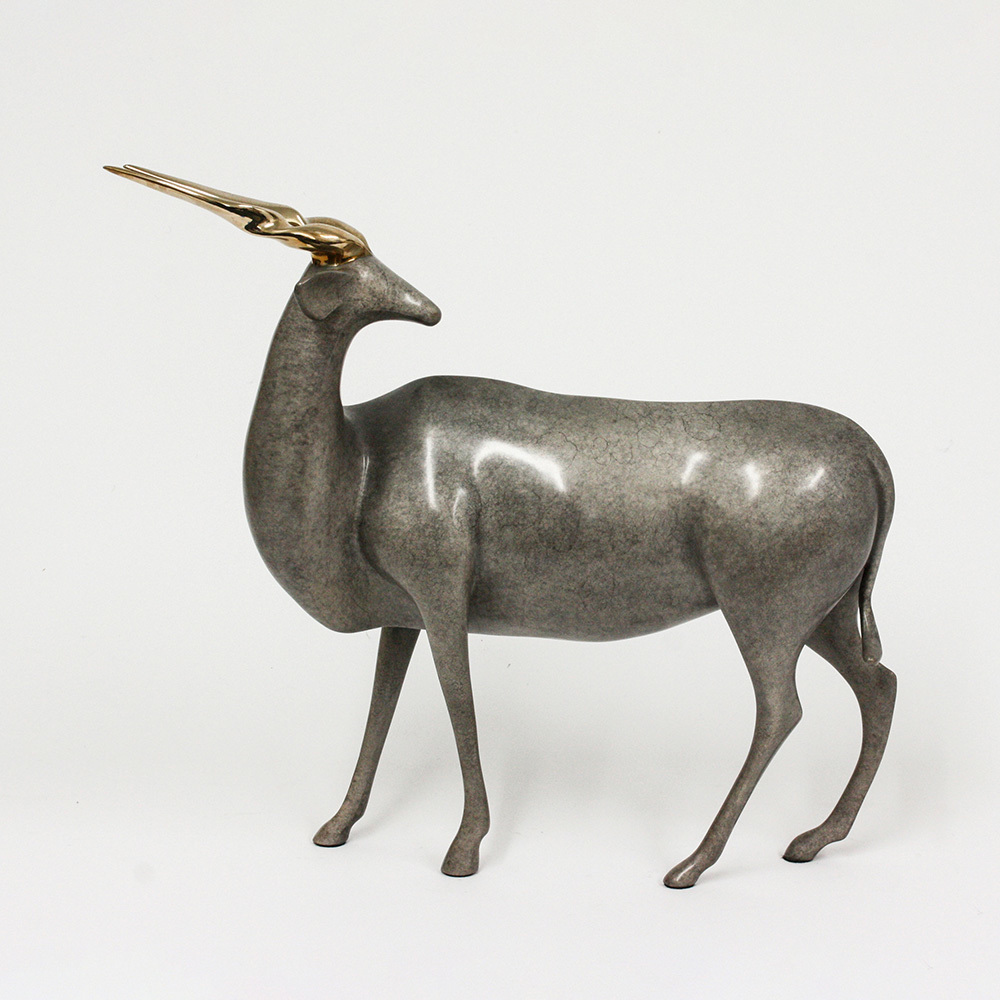 Loet Vanderveen - ELAND (128) - BRONZE - 14 X 12 - These sculptures are bronze limited editions.
<br>
<br><a href="/[sculpture]/[available]-[patina]-[swatches]/">More than 30 patinas are available</a>. Available patinas are indicated as IN STOCK. Loet Vanderveen limited editions are always in strong demand and our stocked inventory sells quickly. Special orders are not being taken at this time.
<br>
<br>Allow a few weeks for your sculptures to arrive as each one is thoroughly prepared and packed in our warehouse. This includes fully customized crating and boxing for each piece. Your patience is appreciated during this process as we strive to ensure that your new artwork safely arrives.
<br>
<br>Shipping and Handling TBD
