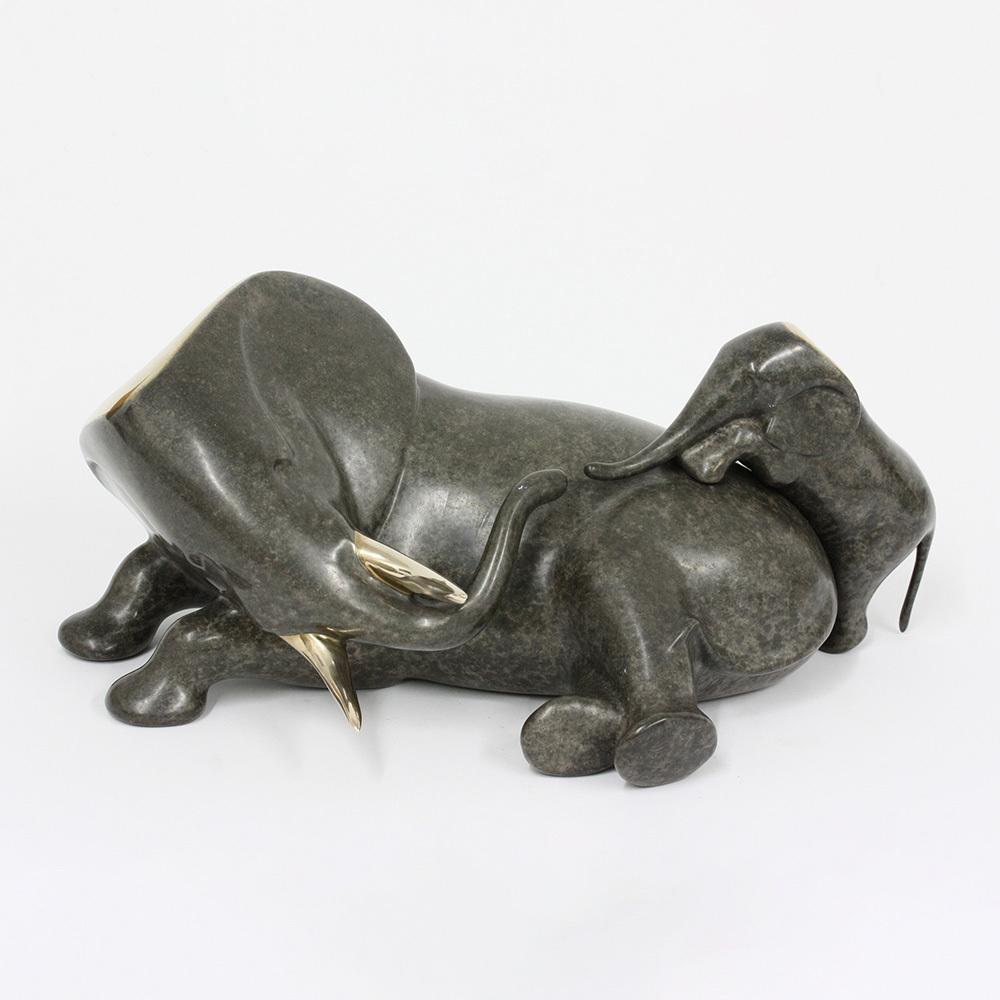 Loet Vanderveen - ELEPHANT & BABY RECLINING (333) - BRONZE - 12.5 X 8 X 5 - These sculptures are bronze limited editions.
<br>
<br><a href="/[sculpture]/[available]-[patina]-[swatches]/">More than 30 patinas are available</a>. Available patinas are indicated as IN STOCK. Loet Vanderveen limited editions are always in strong demand and our stocked inventory sells quickly. Special orders are not being taken at this time.
<br>
<br>Allow a few weeks for your sculptures to arrive as each one is thoroughly prepared and packed in our warehouse. This includes fully customized crating and boxing for each piece. Your patience is appreciated during this process as we strive to ensure that your new artwork safely arrives.
<br>
<br>Shipping and Handling TBD
