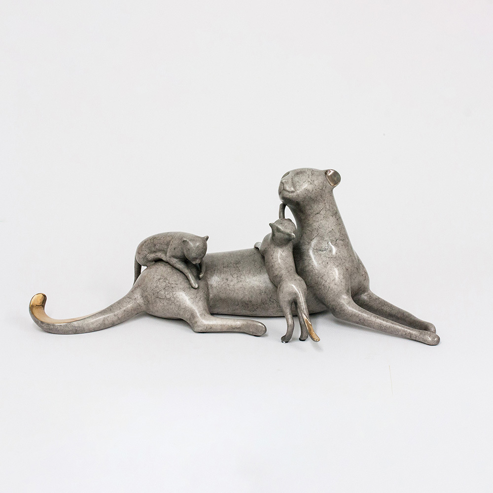 Loet Vanderveen - CHEETAH & BABIES, RECLINING (352) - BRONZE - 20 X 6 X 7 - These sculptures are bronze limited editions.
<br>
<br><a href="/[sculpture]/[available]-[patina]-[swatches]/">More than 30 patinas are available</a>. Available patinas are indicated as IN STOCK. Loet Vanderveen limited editions are always in strong demand and our stocked inventory sells quickly. Special orders are not being taken at this time.
<br>
<br>Allow a few weeks for your sculptures to arrive as each one is thoroughly prepared and packed in our warehouse. This includes fully customized crating and boxing for each piece. Your patience is appreciated during this process as we strive to ensure that your new artwork safely arrives.
<br>
<br>Shipping and Handling TBD