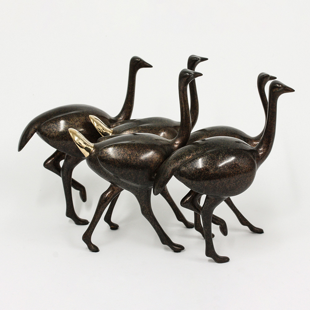 Loet Vanderveen - OSTRICHES RUNNING, SM. X5  (353) - BRONZE - 10 X 11 X 8 - These sculptures are bronze limited editions.
<br>
<br><a href="/[sculpture]/[available]-[patina]-[swatches]/">More than 30 patinas are available</a>. Available patinas are indicated as IN STOCK. Loet Vanderveen limited editions are always in strong demand and our stocked inventory sells quickly. Special orders are not being taken at this time.
<br>
<br>Allow a few weeks for your sculptures to arrive as each one is thoroughly prepared and packed in our warehouse. This includes fully customized crating and boxing for each piece. Your patience is appreciated during this process as we strive to ensure that your new artwork safely arrives.
<br>
<br>Shipping and Handling TBD