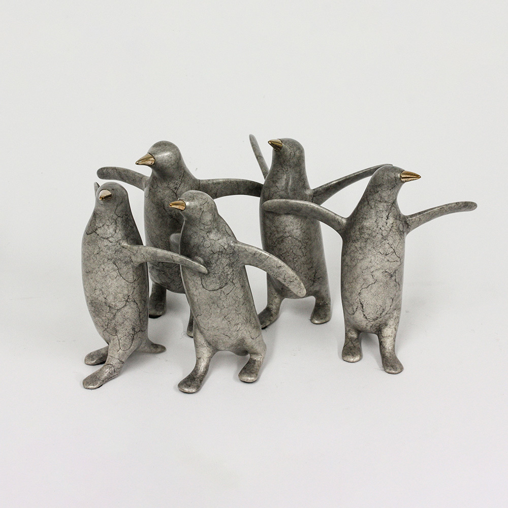 Loet Vanderveen - PENGUIN GROUP, SM. X5 (377) - BRONZE - 11 X 5.5 - These sculptures are bronze limited editions.
<br>
<br><a href="/[sculpture]/[available]-[patina]-[swatches]/">More than 30 patinas are available</a>. Available patinas are indicated as IN STOCK. Loet Vanderveen limited editions are always in strong demand and our stocked inventory sells quickly. Special orders are not being taken at this time.
<br>
<br>Allow a few weeks for your sculptures to arrive as each one is thoroughly prepared and packed in our warehouse. This includes fully customized crating and boxing for each piece. Your patience is appreciated during this process as we strive to ensure that your new artwork safely arrives.
<br>
<br>Shipping and Handling TBD