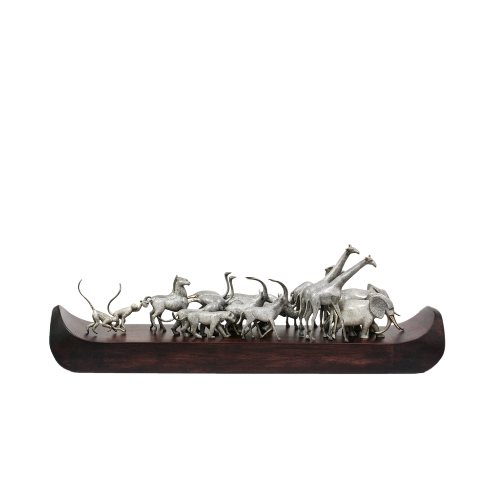 Loet Vanderveen - ARK, NOAH'S LG (404) - BRONZE - 32 X 9 - These sculptures are bronze limited editions.
<br>
<br><a href="/[sculpture]/[available]-[patina]-[swatches]/">More than 30 patinas are available</a>. Available patinas are indicated as IN STOCK. Loet Vanderveen limited editions are always in strong demand and our stocked inventory sells quickly. Special orders are not being taken at this time.
<br>
<br>Allow a few weeks for your sculptures to arrive as each one is thoroughly prepared and packed in our warehouse. This includes fully customized crating and boxing for each piece. Your patience is appreciated during this process as we strive to ensure that your new artwork safely arrives.
<br>
<br>Shipping and Handling TBD