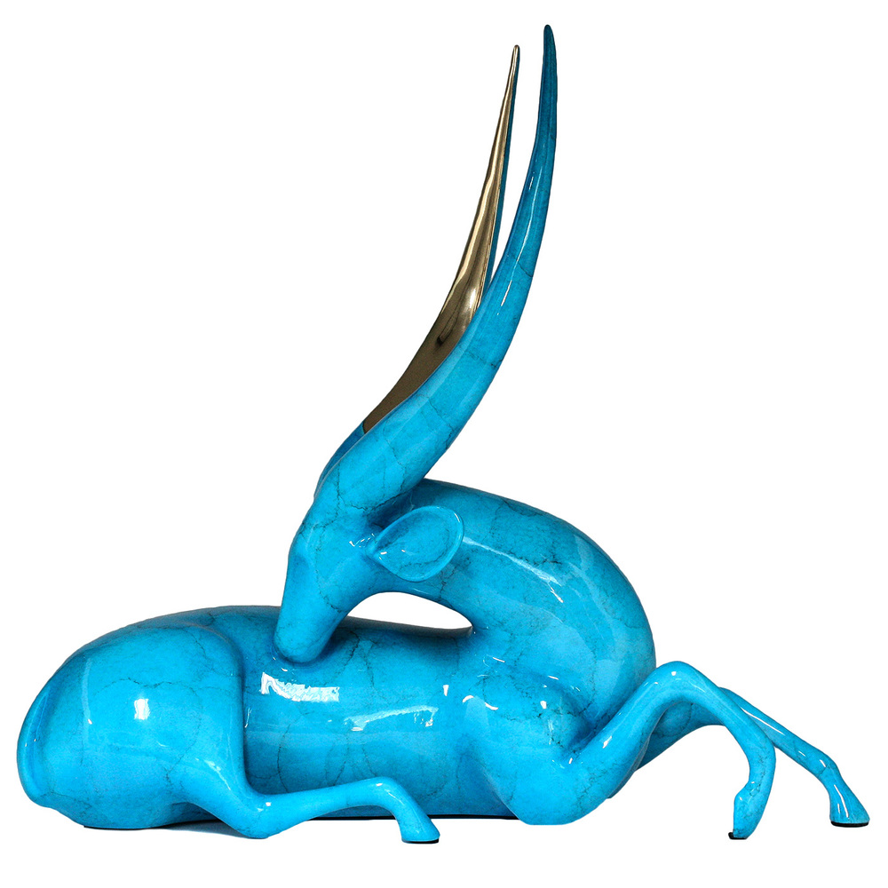 Loet Vanderveen - BUSHBUCK, RECLINING (502) - BRONZE - 18 X 7 X 16 - These sculptures are bronze limited editions.
<br>
<br><a href="/[sculpture]/[available]-[patina]-[swatches]/">More than 30 patinas are available</a>. Available patinas are indicated as IN STOCK. Loet Vanderveen limited editions are always in strong demand and our stocked inventory sells quickly. Special orders are not being taken at this time.
<br>
<br>Allow a few weeks for your sculptures to arrive as each one is thoroughly prepared and packed in our warehouse. This includes fully customized crating and boxing for each piece. Your patience is appreciated during this process as we strive to ensure that your new artwork safely arrives.
<br>
<br>Shipping and Handling TBD