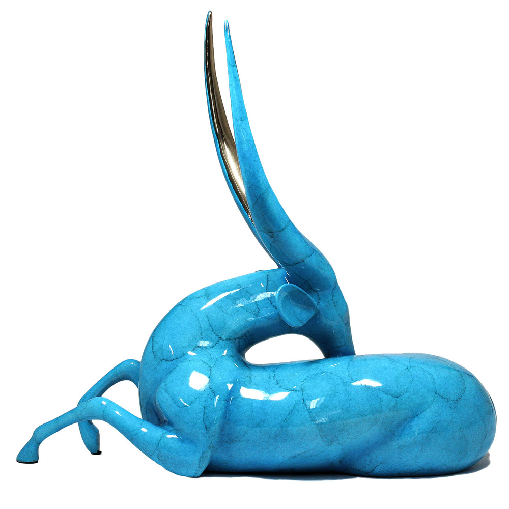 Loet Vanderveen - BUSHBUCK, RECLINING (502) - BRONZE - 18 X 7 X 16 - These sculptures are bronze limited editions.
<br>
<br><a href="/[sculpture]/[available]-[patina]-[swatches]/">More than 30 patinas are available</a>. Available patinas are indicated as IN STOCK. Loet Vanderveen limited editions are always in strong demand and our stocked inventory sells quickly. Special orders are not being taken at this time.
<br>
<br>Allow a few weeks for your sculptures to arrive as each one is thoroughly prepared and packed in our warehouse. This includes fully customized crating and boxing for each piece. Your patience is appreciated during this process as we strive to ensure that your new artwork safely arrives.
<br>
<br>Shipping and Handling TBD