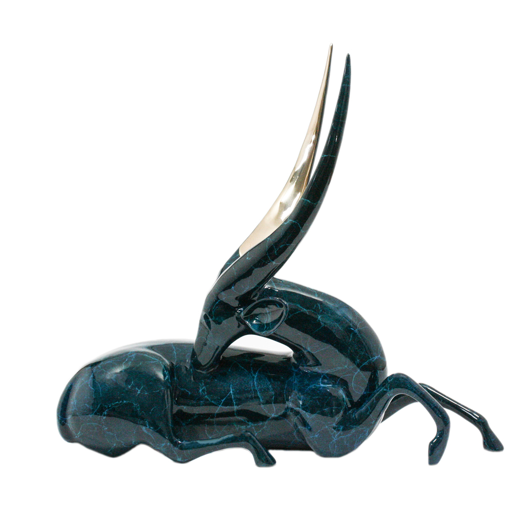 Loet Vanderveen - BUSHBUCK, RECLINING (502) - BRONZE - 18 X 7 X 16 - These sculptures are bronze limited editions.
<br>
<br><a href="/[sculpture]/[available]-[patina]-[swatches]/">More than 30 patinas are available</a>. Available patinas are indicated as IN STOCK. Loet Vanderveen limited editions are always in strong demand and our stocked inventory sells quickly. Special orders are not being taken at this time.
<br>
<br>Allow a few weeks for your sculptures to arrive as each one is thoroughly prepared and packed in our warehouse. This includes fully customized crating and boxing for each piece. Your patience is appreciated during this process as we strive to ensure that your new artwork safely arrives.
<br>
<br>Shipping and Handling TBD