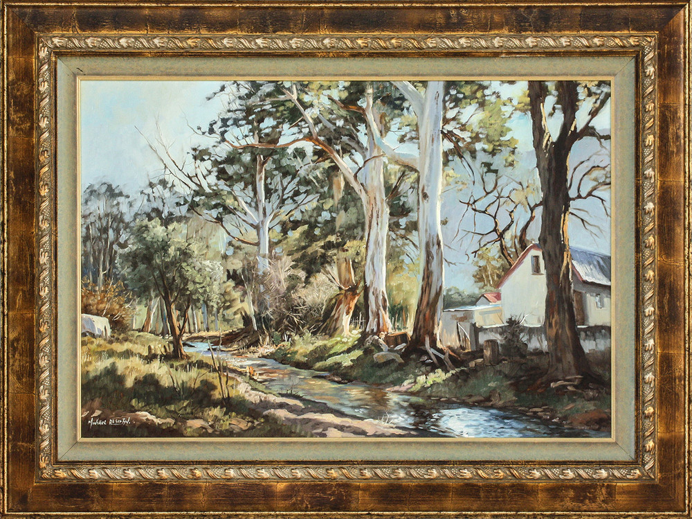 Promotional Items - MICHAEL ALBERTYN - FARMHOUSE ALONG THE STREAM Promotional Items - MICHAEL ALBERTYN - FARMHOUSE ALONG THE STREAM - OIL ON CANVAS - 24 x 36