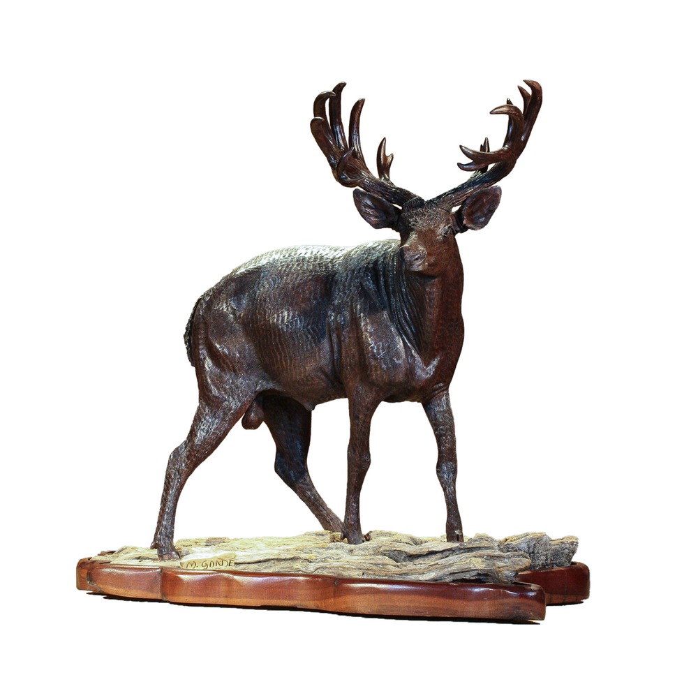 Mopho Gonde - THE RACK - LEADWOOD - 24 X 22 X 13 - <h1>Large Mule Deer Wooden Sculpture, Mule Deer Buck Leadwood Sculpture</h1>