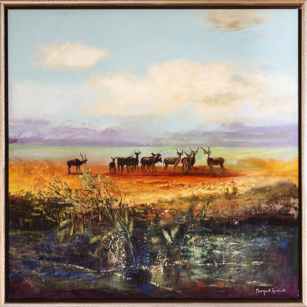 Margaret Gradwell - KUDU GATHERING - ACRYLIC AND OIL ON CANVAS - 50 x 50