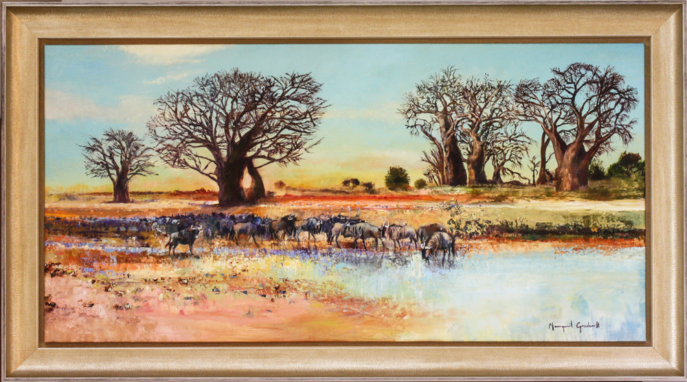 Margaret Gradwell - BLOUWILDEBEEST AT THE DRINKING HOLE - ACRYLIC AND OIL ON CANVAS - 31 X 62