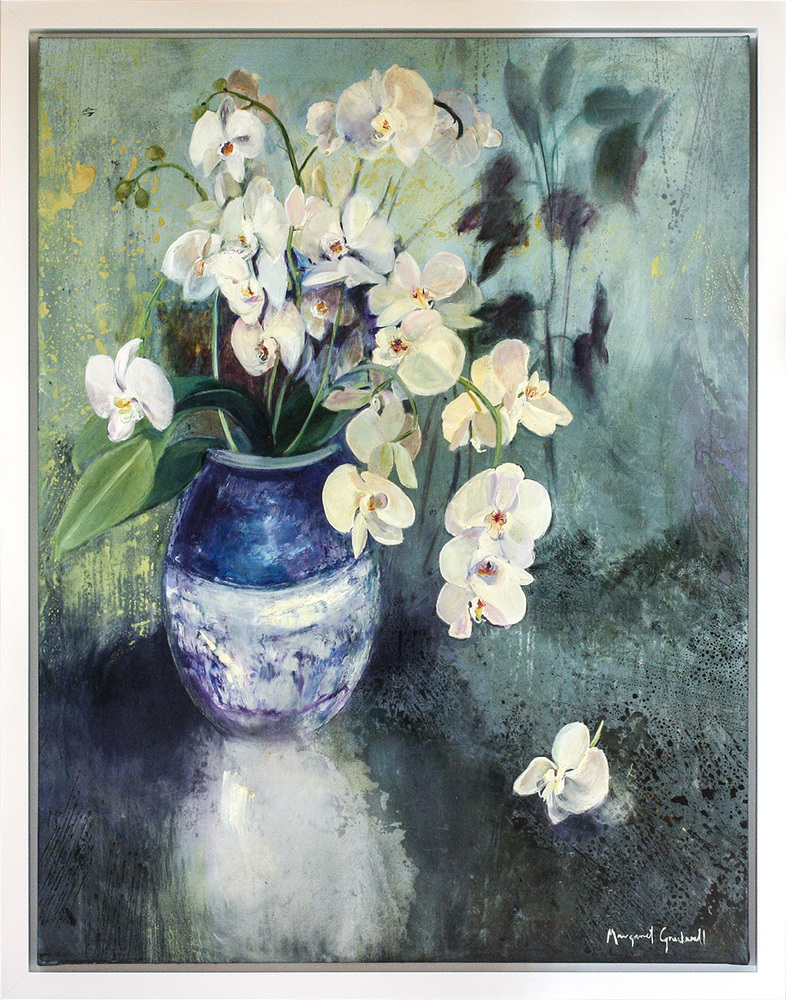 Margaret Gradwell - BLUE VASE ORCHIDS - ACRYLIC AND OIL ON CANVAS - 51 X 39