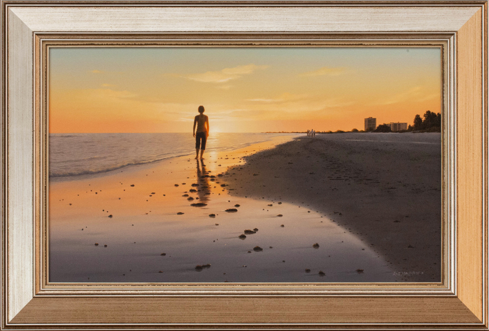 Rob MacIntosh - WALKING SIESTA SIESTA KEYS BEACH AT SUNSET - OIL AND ACRYLIC ON CANVAS - 18 X 30