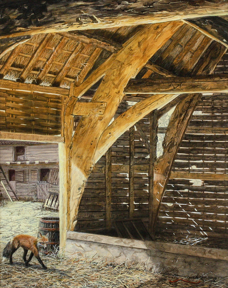 Suzie Seerey-Lester - BARN STORMING - ACRYLIC - 16 X 20 - All barns fascinate me, old ones, new ones and especially falling down barns.   I discovered this old barn on one of our trips to England.   I loved the way the light lit up the haylofts, and danced in the background.   I added a fox to tell a story and add a secondary point of interest.
<br>
<br>In this, and all of my paintings I have hidden my husband’s and my initials, (J+S) somewhere in the piece. See if you can find them.  
<br>
<br>Suzie Seerey-Lester