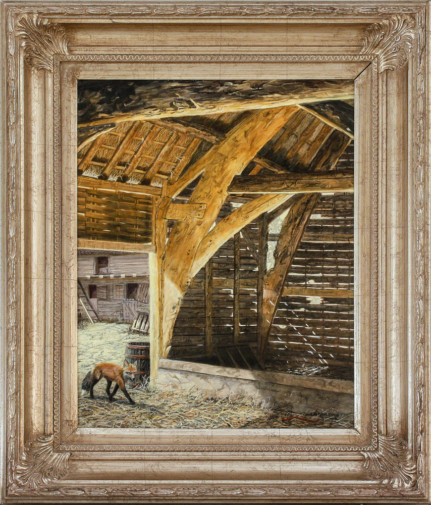 Suzie Seerey-Lester - BARN STORMING - ACRYLIC - 16 X 20 - All barns fascinate me, old ones, new ones and especially falling down barns.   I discovered this old barn on one of our trips to England.   I loved the way the light lit up the haylofts, and danced in the background.   I added a fox to tell a story and add a secondary point of interest.
<br>
<br>In this, and all of my paintings I have hidden my husband’s and my initials, (J+S) somewhere in the piece. See if you can find them.  
<br>
<br>Suzie Seerey-Lester