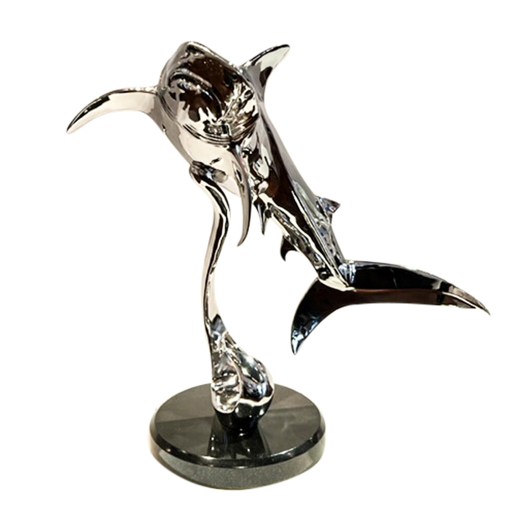Victor Douieb - TIGER SHARK WITH ANGEL FISH - STAINLESS STEEL - 18 X 19 X 13