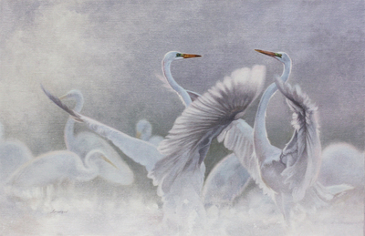 David Langmead - A WHITER SHADE - OIL ON CANVAS - 26 X 40 - A WHITER SHADE<br><br>It is a pale, misty morning and two Great egrets grandstand in the watery light, their orange beaks the only colour in a field of whites and soft greys.<br><br>Their dance is a ballet of S-bends and pinions, of arches and curves.<br><br>I loved this painting precisely for the celebration of white only, lit white, shaded white, warm white, cool white, mist and reflection.<br><br>It is nature flaunting a contemporary elegance.