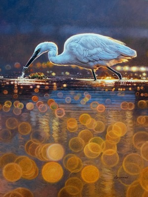 David Langmead - WALKING ON SUNSHINE - OIL ON CANVAS - 25 X 20 1/2 - WALKING ON SUNSHINE<br><br>When the evening light angles low on the water and the shadows deepen, colours turn rich, and light dances and sparkles to see out the day.<br><br>This egret is walking across just such a stage, with a golden backlighting, and a beak stabbing into the white shimmer of the lit water. The foreground light is blurring into a myriad of golden circles, and there is a precise spot between the legs where the sun is reflecting with a dazzling radiance.<br><br>It would seem that the water is a universe of light and shadow, planets and moons, cold and fire: an abstract stage of delight.<br><br>This is pure theatre!