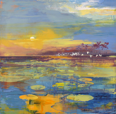 Derric van Rensburg - EGRETS AND LILYPADS - ACRYLIC ON CANVAS - 51 X 51