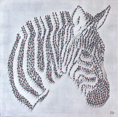 Francisco Bartus - ZEBRA - SILVER - MIXED MEDIA ON SILVER LEAF PAINTED CANVAS - 40 X 40