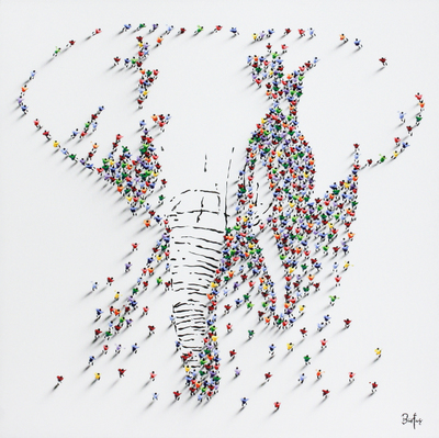 Francisco Bartus - ELEPHANT - MIXED MEDIA ON CANVAS - 40 X 40