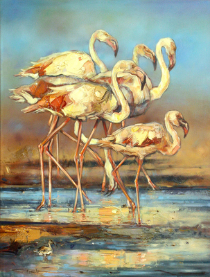 James Stroud - DANCE OF THE FLAMINGOS - OIL ON PANEL - 48 X 36