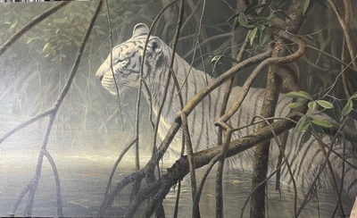 John Seerey-Lester - MANGROVE MIST - OIL ON CANVAS - 36 X 60 - “Mangrove Mist”<br>By Sir John Seerey-Lester<br><br>White Tigers are very rare in India. They easily blend into the mangroves that surround the swamps in the hot steamy region tigers love to occupy. Their light color, and brownish stripes echo the mangrove roots, and they slowly move through the shadows in the<br>morning mist.<br><br>This magnificent tiger has been in the Seerey-Lester's personal collection. It was one of John’s favorite paintings and he really did not want to part with it. This painting is a rare find, never published, and never shown at a show.