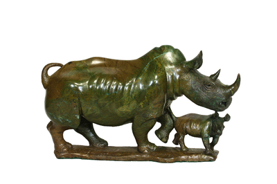James Tandi - WHITE RHINO AND CALF - VERDITE - 12 X 21 X 8