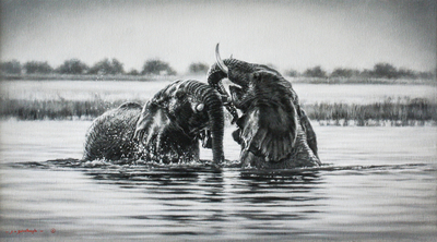 Jaco van Schalkwyk - ELEPHANTS: HAPPY HOUR - OIL ON BELGIAN LINEN - 20 X 35 7/8