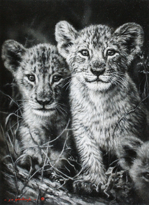 Jaco van Schalkwyk - LION CUBS: MOTHER'S PRIDE - OIL ON BELGIAN LINEN - 18 3/4 X 13 5/8