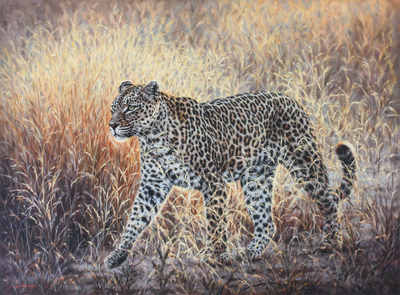 Jaco van Schalkwyk - THANDI: DJUMA DAWN - OIL ON BELGIAN LINEN - 35 3/4 X 47 7/8 - Thandi – The Queen of Djuma<br><br>When one thinks of leopards in the Sabi Sands, it is impossible not to see Thandi in the mind’s eye. Born of Karula, the matriarch of the royal lineage, Thandi carried forward a legacy that shaped the very identity of this wilderness. Though the smallest in stature, she was unmatched in spirit. Fierce when defending her cubs, yet tender in nurturing them, she embodied both strength and softness in equal measure.<br><br>Her life was a tapestry of resilience. Over sixteen remarkable years, Thandi raised six cubs to independence—an extraordinary achievement that places her among the most successful female leopards of the Sabi Sands. Her eyes alone told stories: the famous “Thandi snarl” warned of her fiery mood, while her drooping gaze carried a quiet sadness, and her sudden “Thandi slip” into the bush reminded us of her mastery of disappearance.<br><br>I followed Thandi’s journey from her earliest days as a cub. She became my favorite not only for her lineage but for her courage, her devotion, and her ability to give everything for what was hers. The last<br>time I saw her is captured in this photo—Thandi’s Sunset Farewell. That evening, after stalking impala and scent-marking her territory, she walked toward her nearly grown cub, Maribye. As the sun dipped<br>low, she moved through the tall grass, bathed in golden amber and rose-gold light. It felt as though the bush itself was honoring her. Something within me whispered a quiet goodbye, though I did not yet know<br>it would be our last.<br><br>Months later, Thandi succumbed to a wound sustained during a failed hunt. Unlike so many others who perish at the hands of humans—through snares, poaching, or conflict—her story ended naturally, completing the circle of life. Her final resting place became part of the wilderness she had ruled, a somber reminder of both fragility and continuity.<br><br>Thandi’s legacy is more than her lineage or her cubs. It is a call to protect what remains of these wild spaces, to ensure that future generations may witness leopards living their natural lives, free from human threat. My wish for her memory is that it rises like the morning sun, breaking through the mist of<br>uncertainty, and shines as a beacon of hope for conservation.