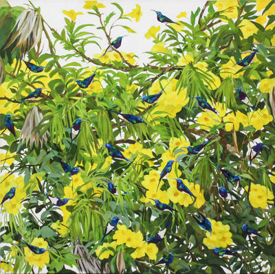 Kirsty May Hall - BLUE AND PURPLE SUNBIRDS YELLOW - ACRYLIC ON  CANVAS - 39 1/4 X 39 1/4