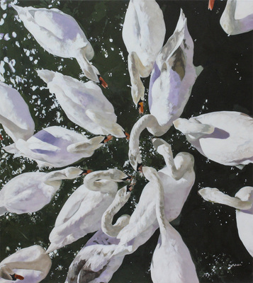 Kirsty May Hall - SWANS LUNCHEON - ACRYLIC ON  CANVAS - 55 X 49