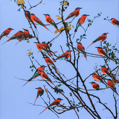Kirsty May Hall - SOUTHERN CARMINE BEE EATERS - ACRYLIC ON  CANVAS - 39 1/4 X 39