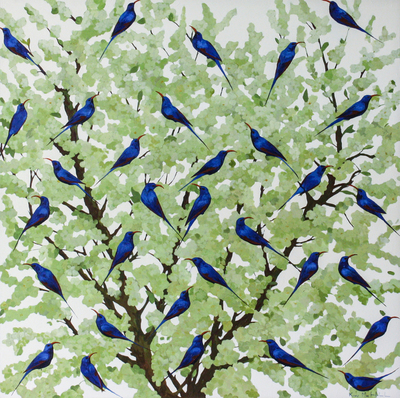 Kirsty May Hall - BLUE BIRDS IN BLOSSOMS - ACRYLIC ON  CANVAS - 39 X 39