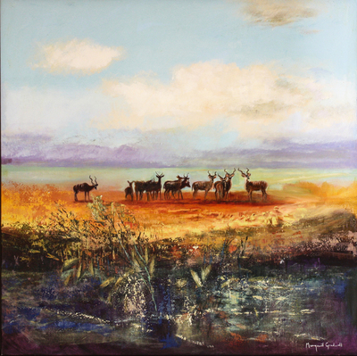 Margaret Gradwell - KUDU GATHERING - ACRYLIC AND OIL ON CANVAS - 50 x 50