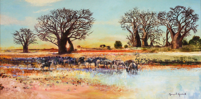 Margaret Gradwell - BLOUWILDEBEEST AT THE DRINKING HOLE - ACRYLIC AND OIL ON CANVAS - 31 X 62