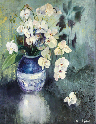 Margaret Gradwell - BLUE VASE ORCHIDS - ACRYLIC AND OIL ON CANVAS - 51 X 39